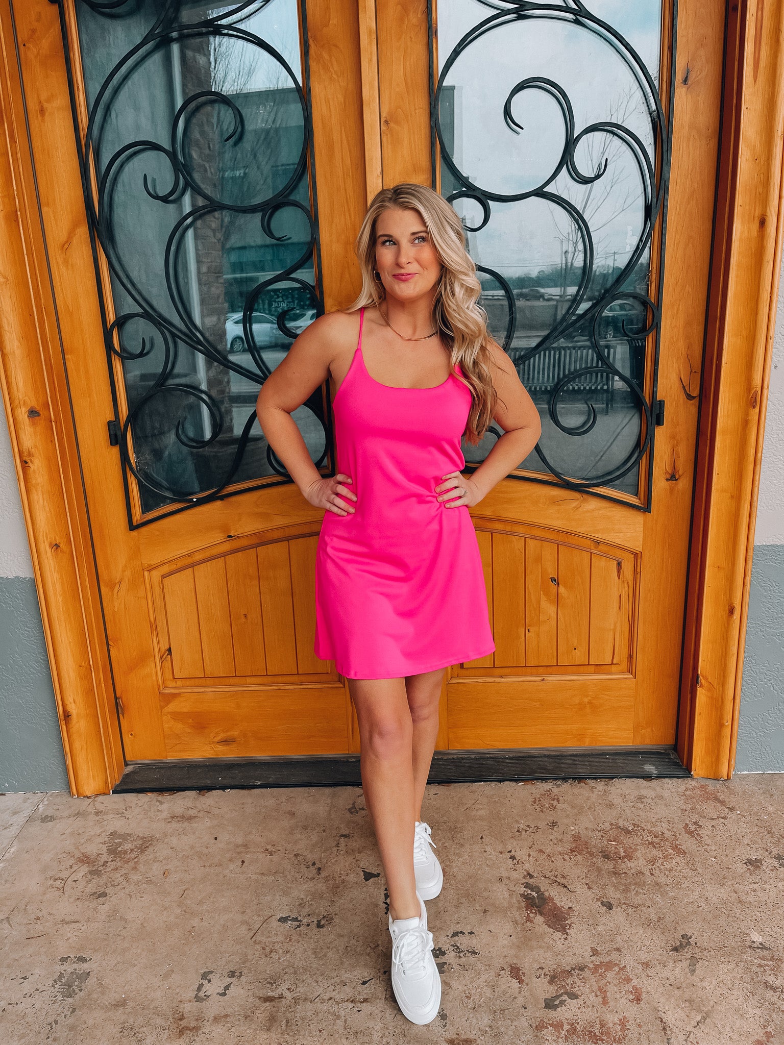 active dress pink Addison Bay Smooth Sport Built-in Ophelia Active Dress in Bright Pink Gingham | XX-Small