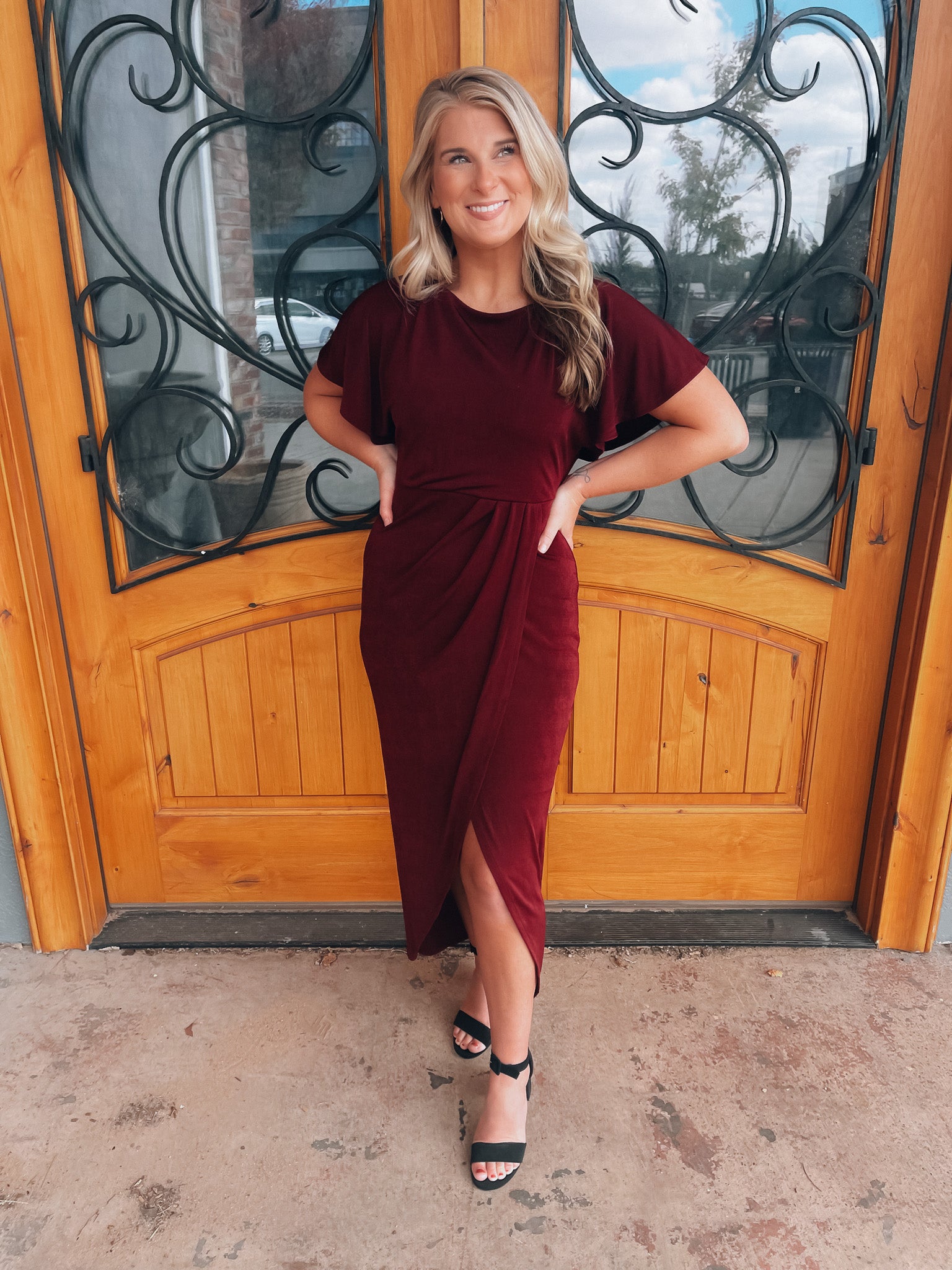 knee length dresses for ladies Deep Burgundy Satin Long-Sleeve Wrap Midi- Dress knee length dresses for ladies Deep Burgundy Satin Long-Sleeve Wrap Midi- Dress