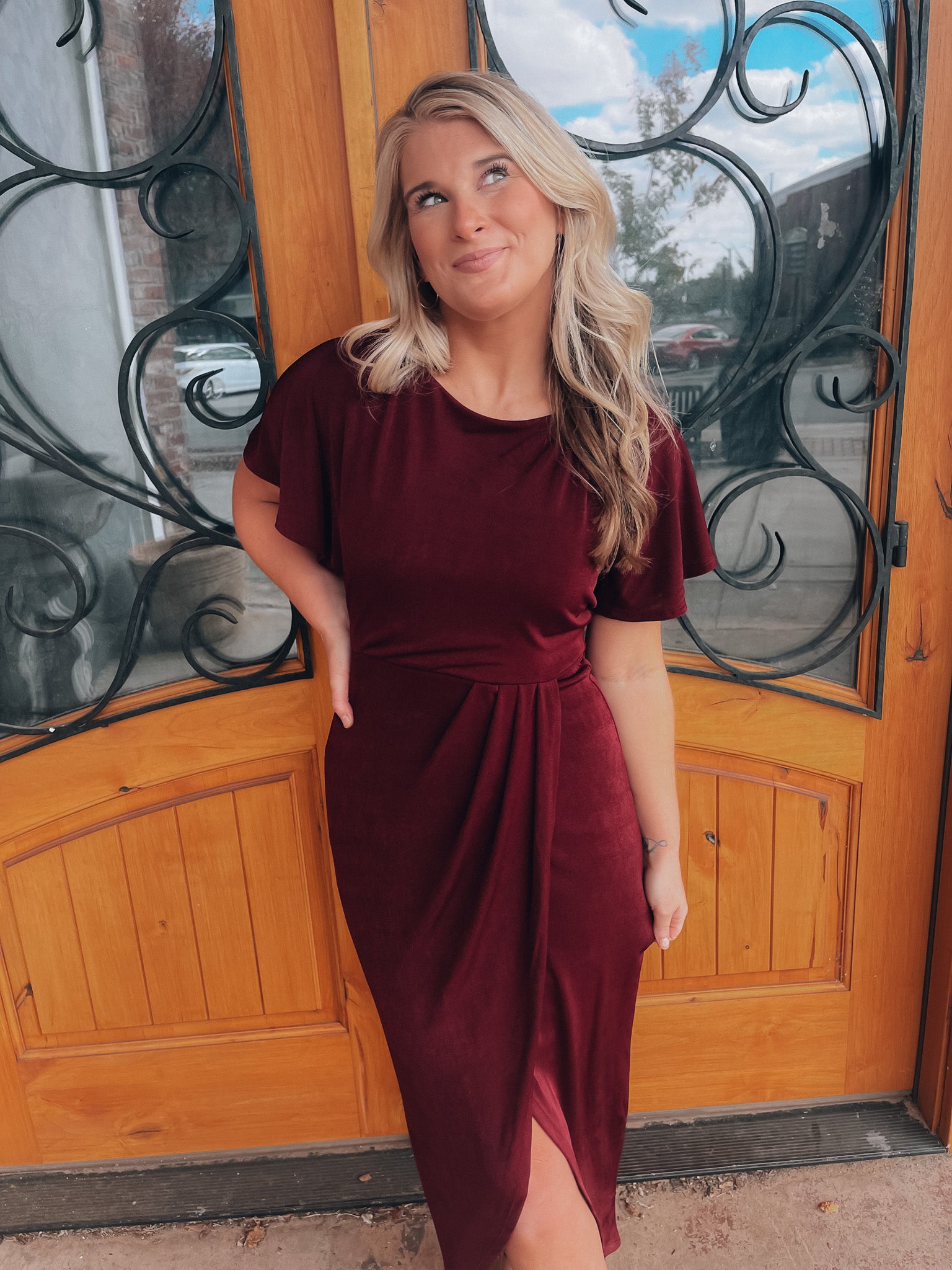 burgundy wrap midi dress Beyond Iconic Pleated Wrap Midi Dress