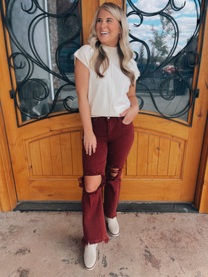 All The Rage High Wasted Wine Distressed Jeans
