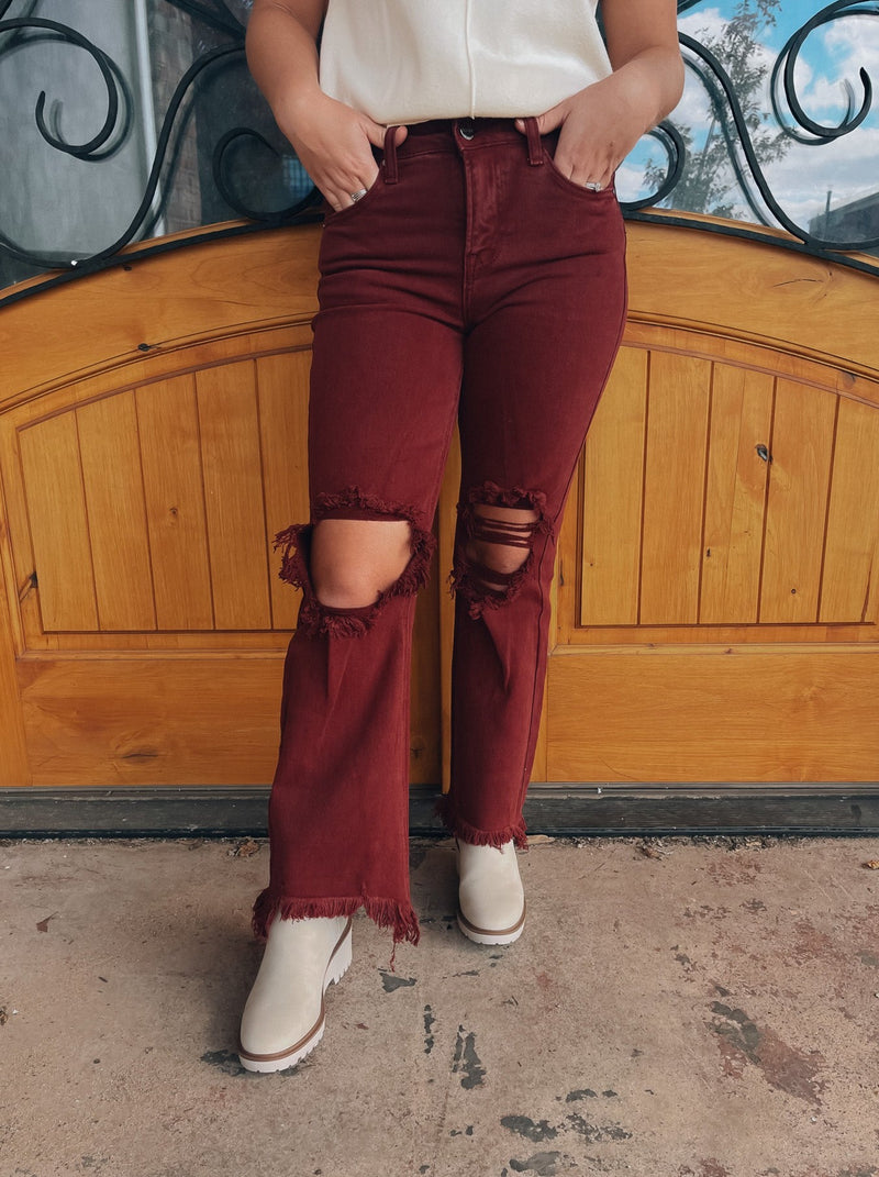 All The Rage High Wasted Wine Distressed Jeans