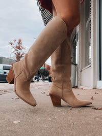 Slay The House Suede Western Boots - Tan