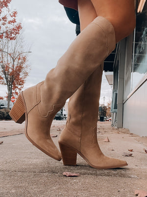 Slay The House Suede Western Boots - Tan