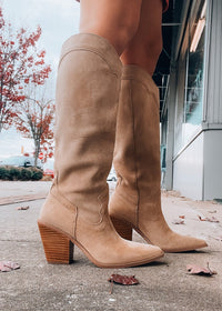 Slay The House Suede Western Boots - Tan