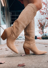 Slay The House Suede Western Boots - Tan