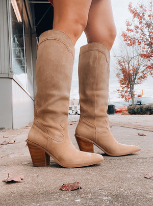 Slay The House Suede Western Boots - Tan