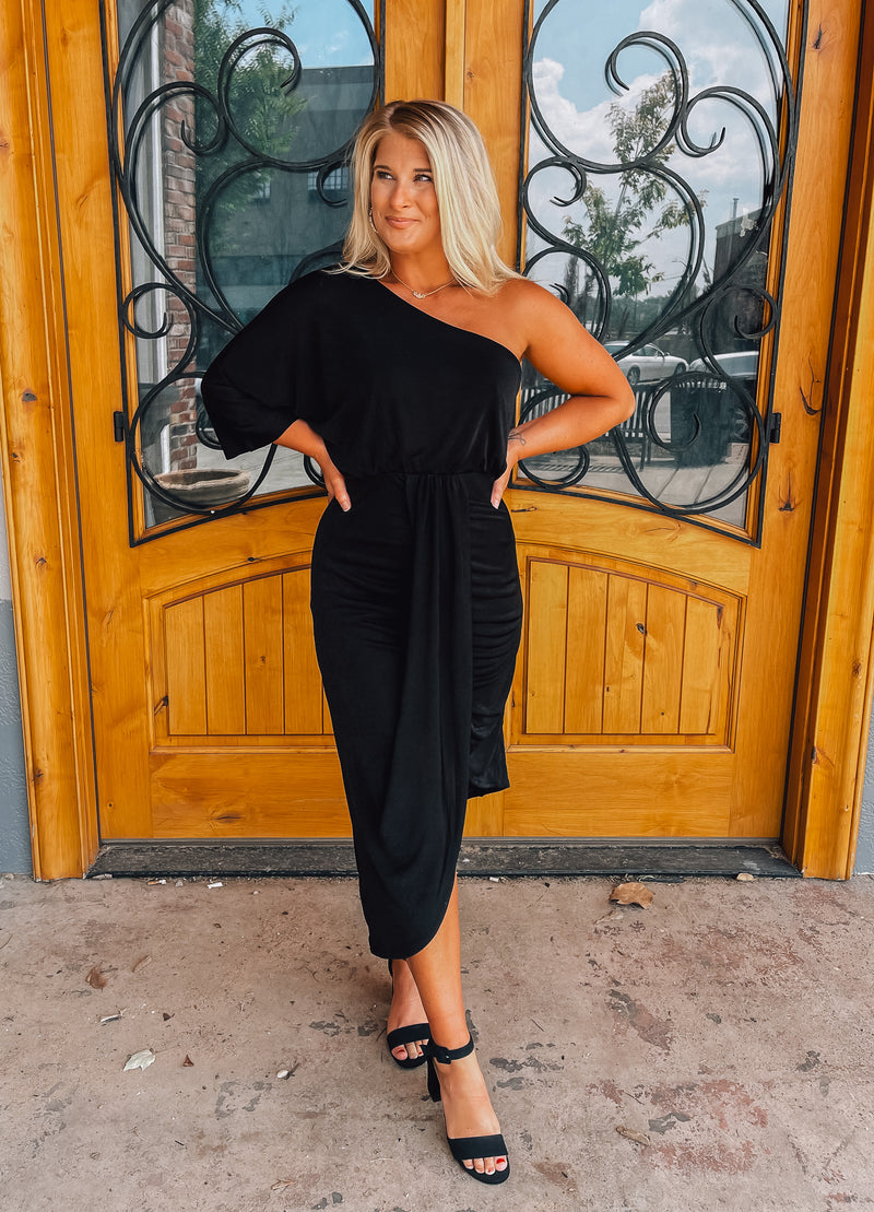 On My Best Behavior Black One Shoulder Dress