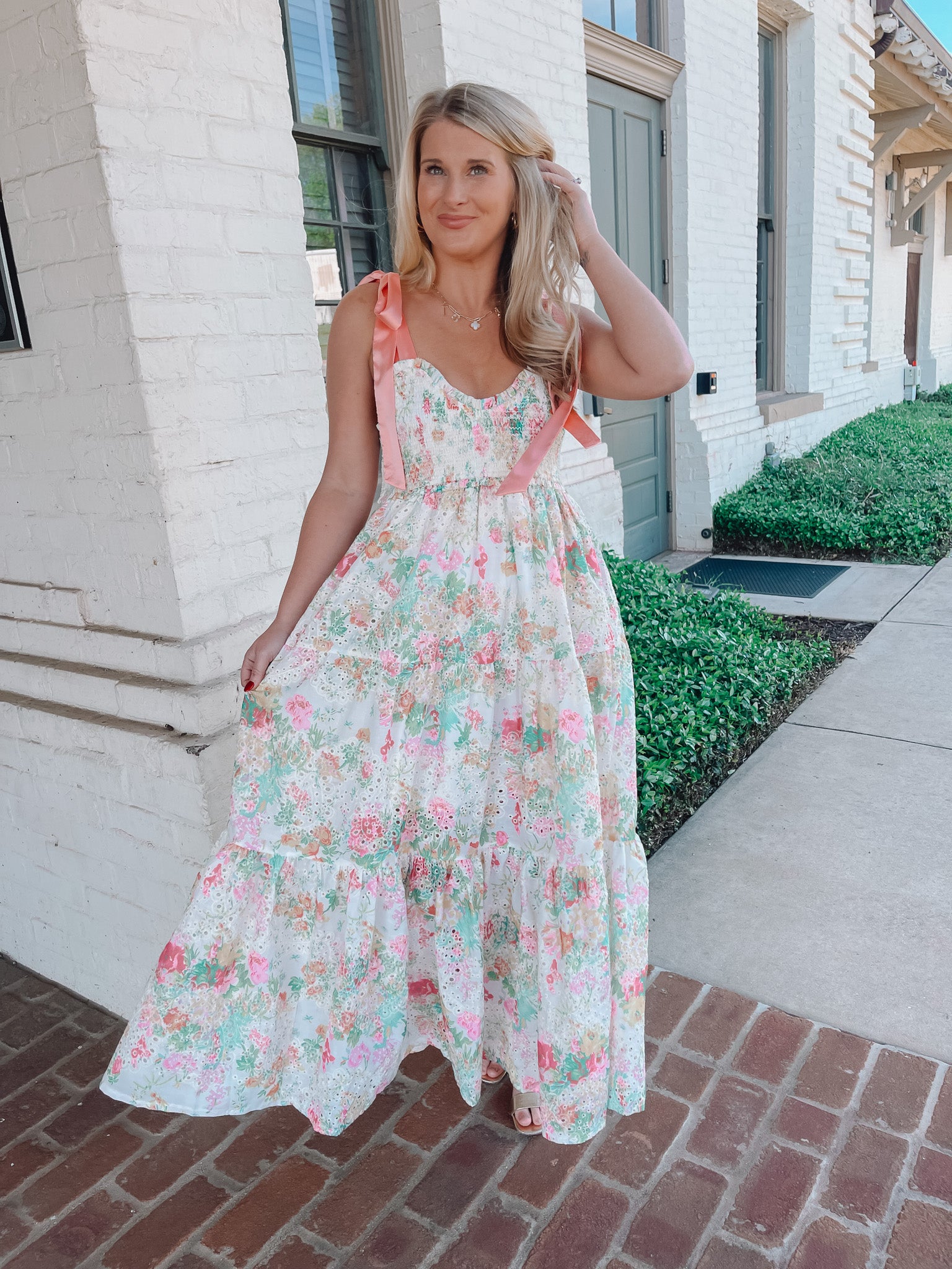 eyelet lace midi dress Main Strip Eyelet Lace Midi Dress in Light Blue M