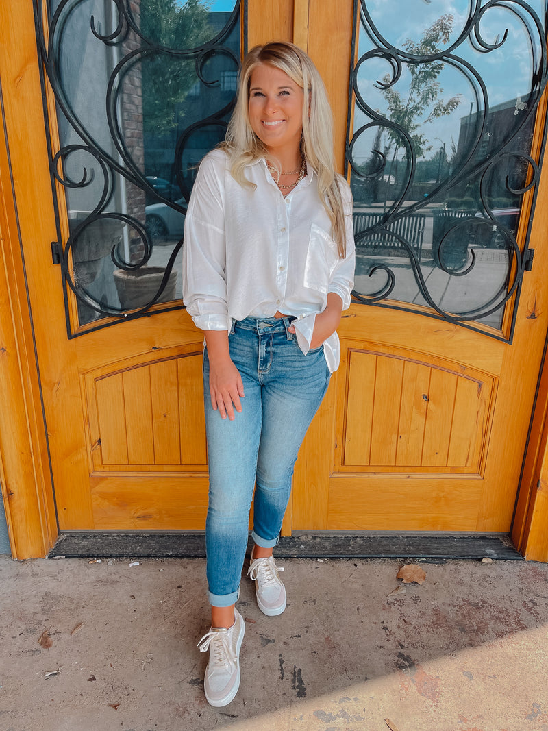 Off To Work White Button Down Top