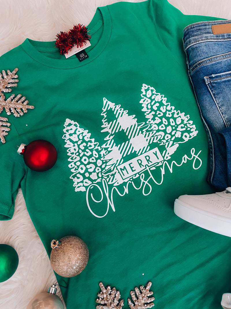 Christmas Tree Plaid & Leopard Tee (S-XL)