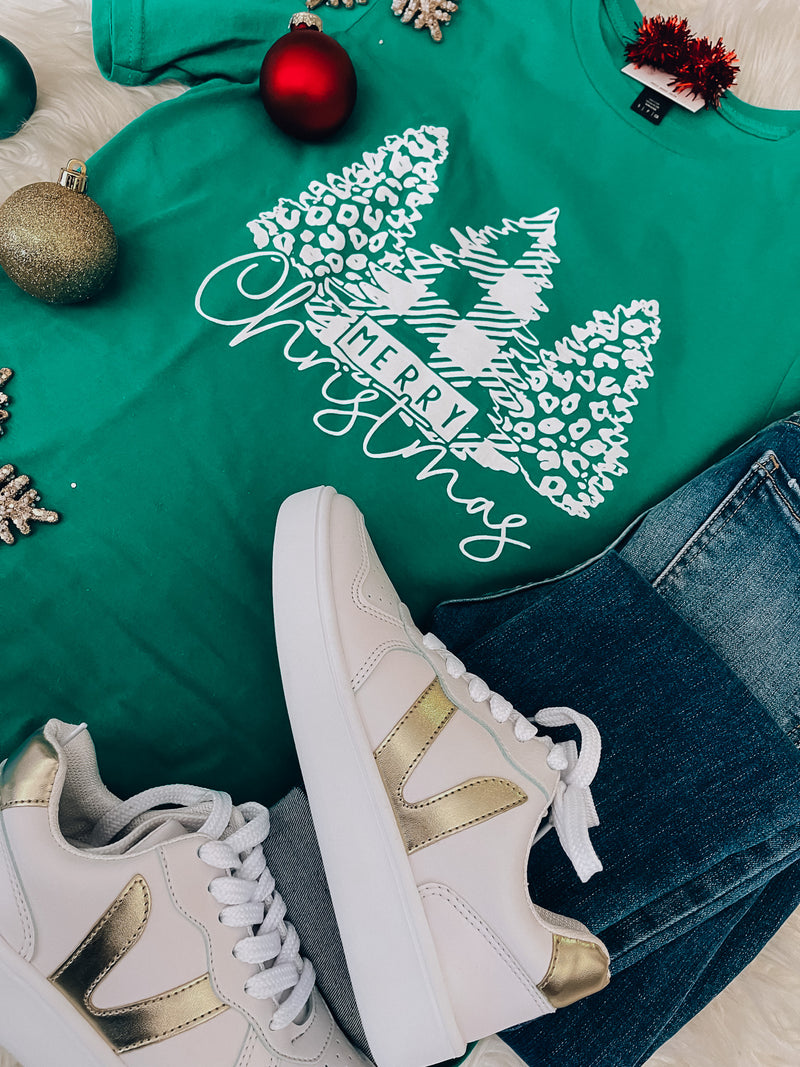 Christmas Tree Plaid & Leopard Tee (S-XL)