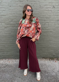 Left An Impression Merlot Linen Pants