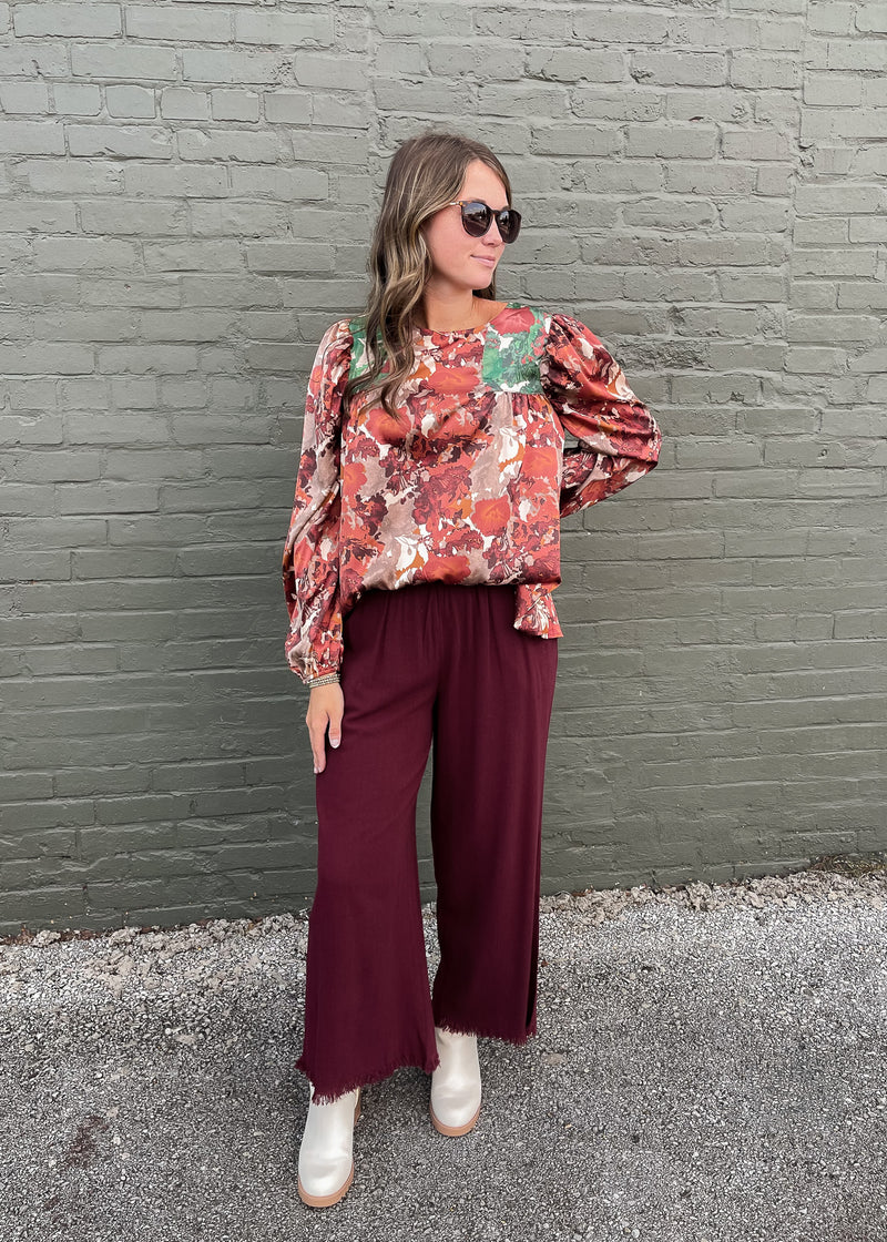 Left An Impression Merlot Linen Pants