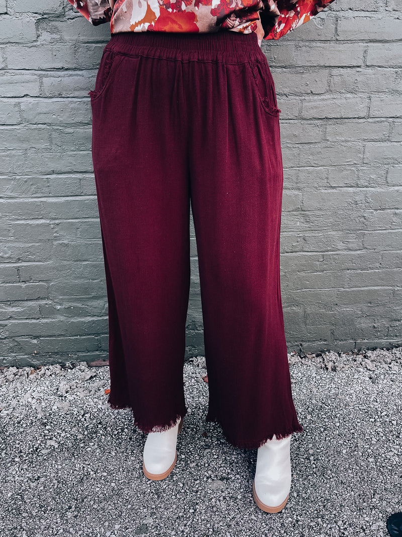 Left An Impression Merlot Linen Pants