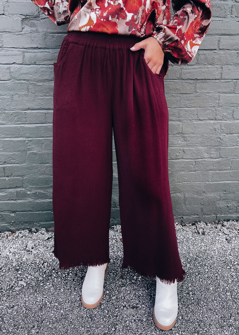 Left An Impression Merlot Linen Pants