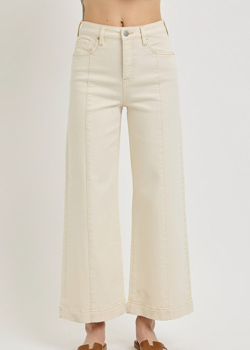 Without Thinking Ivory Tummy Control High Rise Line Detail Wide- Risen Jeans