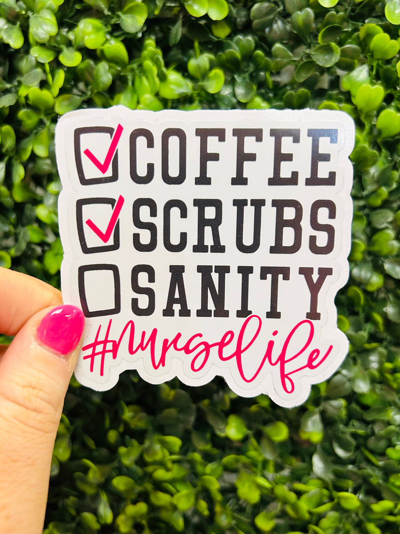 Start your morning routine off right with this hilarious sticker! Featuring essential elements of #nurselife - coffee, scrubs, and sanity - it's the perfect finishing touch to your medical uniform or laptop. With a touch of humor, this sticker will help you keep your cool during long shifts. Get your caffeine, looks, and peace of mind all in one go!