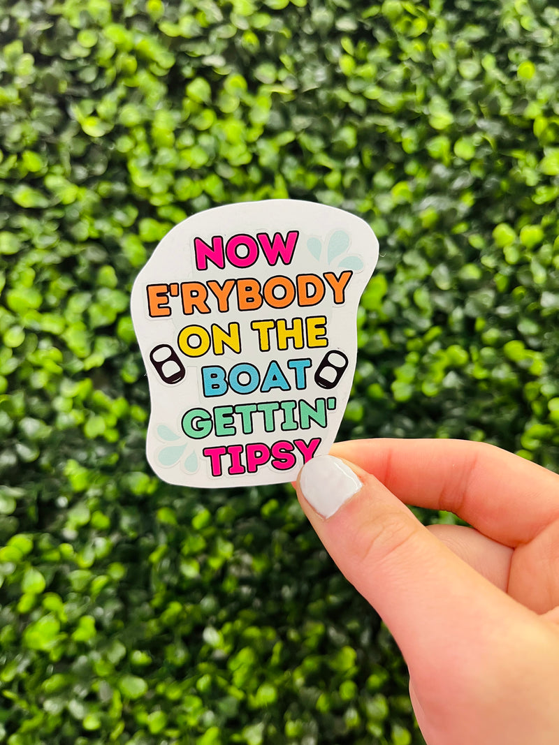 Make a splash with the Gettin' Tipsy Sticker! Perfect for your summer boat days, this sticker features a fun scene of everyone getting tipsy -no boat too small! Decorate your water bottle and take the party with you - no corkscrew required!