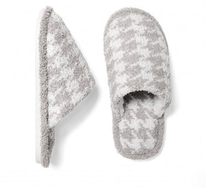 Comfy Luxe Houndstooth Slide On Slippers  - 100% Polyester - Rubber Sole  S/M: Size 6-8 (Women's) M/L: Size 8-10 (Women's) -grey