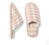 Comfy Luxe Houndstooth Slide On Slippers  - 100% Polyester - Rubber Sole  S/M: Size 6-8 (Women's) M/L: Size 8-10 (Women's) -beige