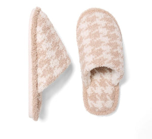 Comfy Luxe Houndstooth Slide On Slippers  - 100% Polyester - Rubber Sole  S/M: Size 6-8 (Women's) M/L: Size 8-10 (Women's) -beige
