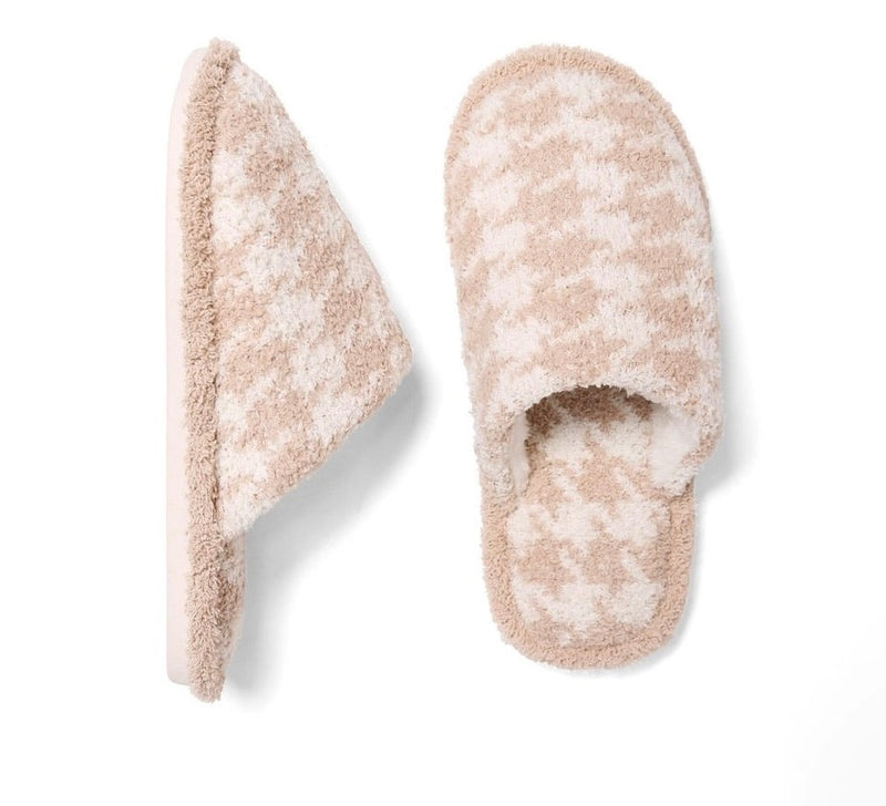 Comfy Luxe Houndstooth Slide On Slippers  - 100% Polyester - Rubber Sole  S/M: Size 6-8 (Women's) M/L: Size 8-10 (Women's) -grey