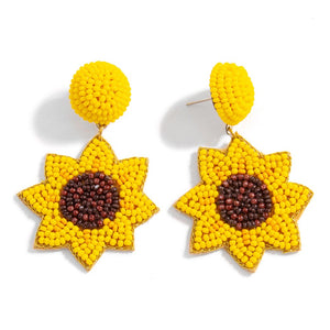 DESCRIPTION: Seed Bead Sunflower Drop Earrings  - Approximately 2.5" Long