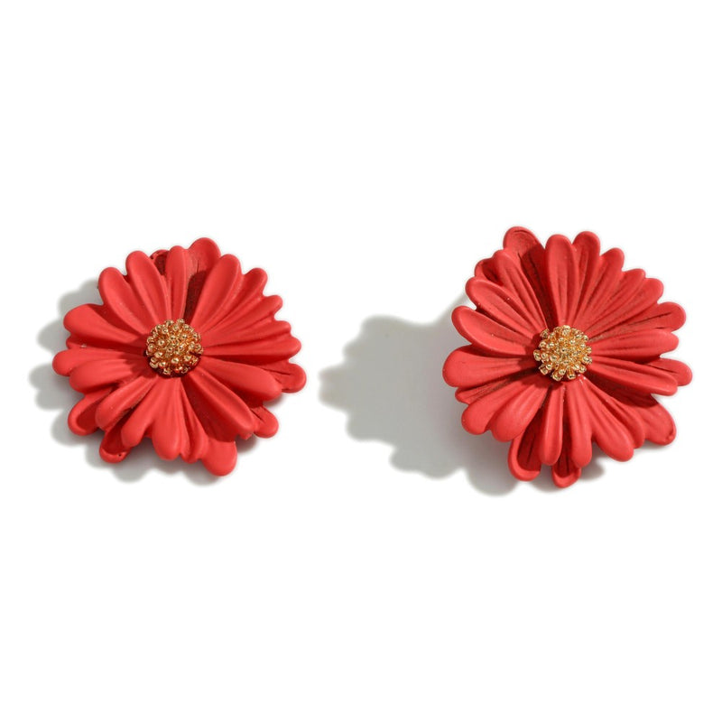 DESCRIPTION: Powder Coated Flower Stud Earrings  - Approximately 1" Length-red