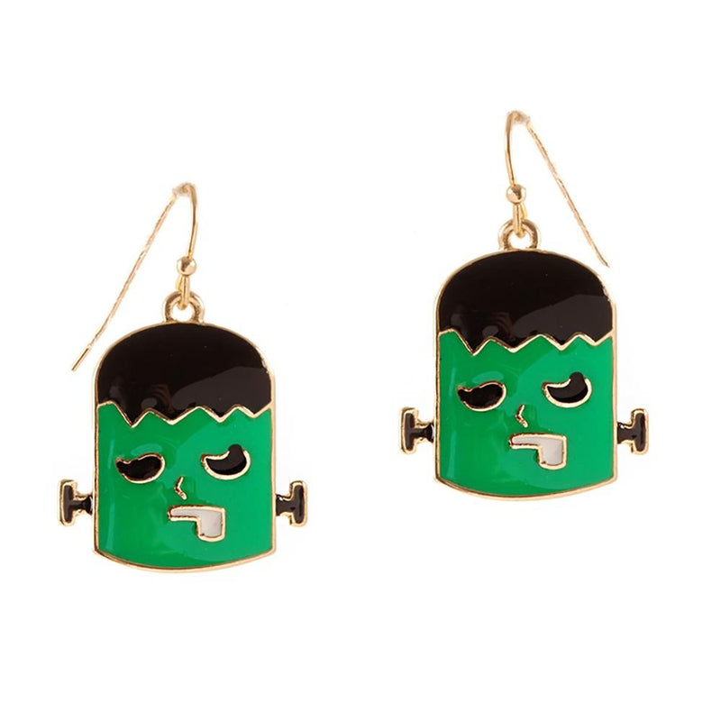 DESCRIPTION: Frankenstein Halloween Drop Earrings  - Gold Toned - Approximately 1.25" L