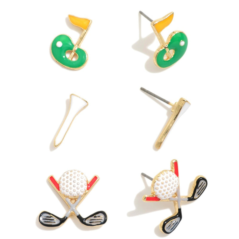 DESCRIPTION: Set of Three Enamel Golf Stud Earrings Featuring Golf Clubs and Putting Green.  - Approximately .5" W