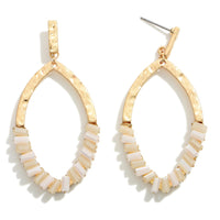 DESCRIPTION: Hammered Gold Tone Beaded Drop Earrings  - Approximately 2.25" Long-IVORY