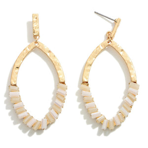 DESCRIPTION: Hammered Gold Tone Beaded Drop Earrings  - Approximately 2.25" Long-IVORY