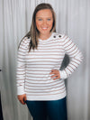 Top features an ivory base, thin copper striped detail, long sleeves, crew neck line, thin and soft material, shoulder button detailing and runs true to size! 