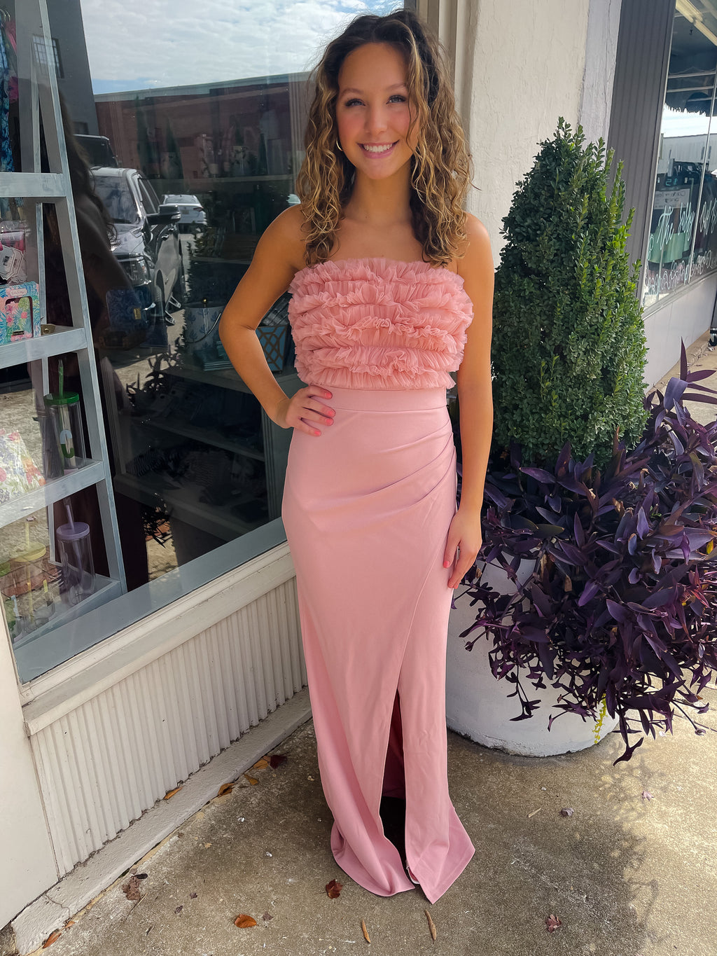 Dress features a beautiful bridal rose color, maxi length, mesh multi layer tube top detail, wrap skirt detail, side slit, pleated zipper and runs true to size! 