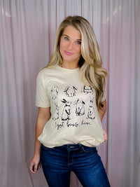 This I Got Buns Hun Tee is perfect for Easter! It features short sleeves, a round neckline, and an unisex fit, plus a playful bunny motif. The phrase 'Got Buns Hun' adds a fun, festive vibe. Get one now in sizes S-3XL!-oatmeal