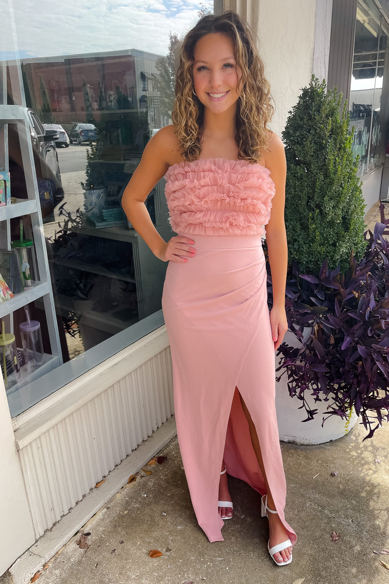 Dress features a beautiful bridal rose color, maxi length, mesh multi layer tube top detail, wrap skirt detail, side slit, pleated zipper and runs true to size! 