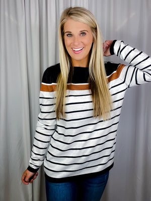Top features a color block pattern, striped, crew neck line, long sleeves, thin and soft material and runs true to size! 