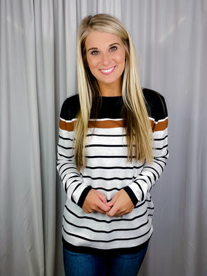 Top features a color block pattern, striped, crew neck line, long sleeves, thin and soft material and runs true to size! 