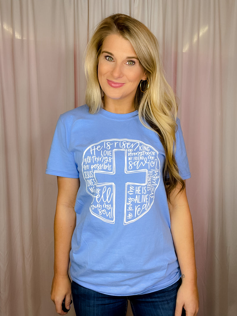 This Scripture Cross Tee is perfect for the Easter season. Its short sleeves, round neck line, and unisex fit make it comfortable and flattering for any body type. The stylish scripture cross design also makes it a great choice for anyone looking for an easy, stylish way to express their faith.-periwinkle 