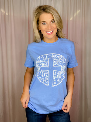 This Scripture Cross Tee is perfect for the Easter season. Its short sleeves, round neck line, and unisex fit make it comfortable and flattering for any body type. The stylish scripture cross design also makes it a great choice for anyone looking for an easy, stylish way to express their faith.-periwinkle 