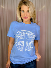 This Scripture Cross Tee is perfect for the Easter season. Its short sleeves, round neck line, and unisex fit make it comfortable and flattering for any body type. The stylish scripture cross design also makes it a great choice for anyone looking for an easy, stylish way to express their faith.-periwinkle 