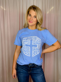 This Scripture Cross Tee is perfect for the Easter season. Its short sleeves, round neck line, and unisex fit make it comfortable and flattering for any body type. The stylish scripture cross design also makes it a great choice for anyone looking for an easy, stylish way to express their faith.-periwinkle 