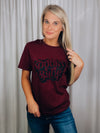 Graphic features a solid base color, short sleeves, unisex fit, black ink design and runs true to size!-maroon