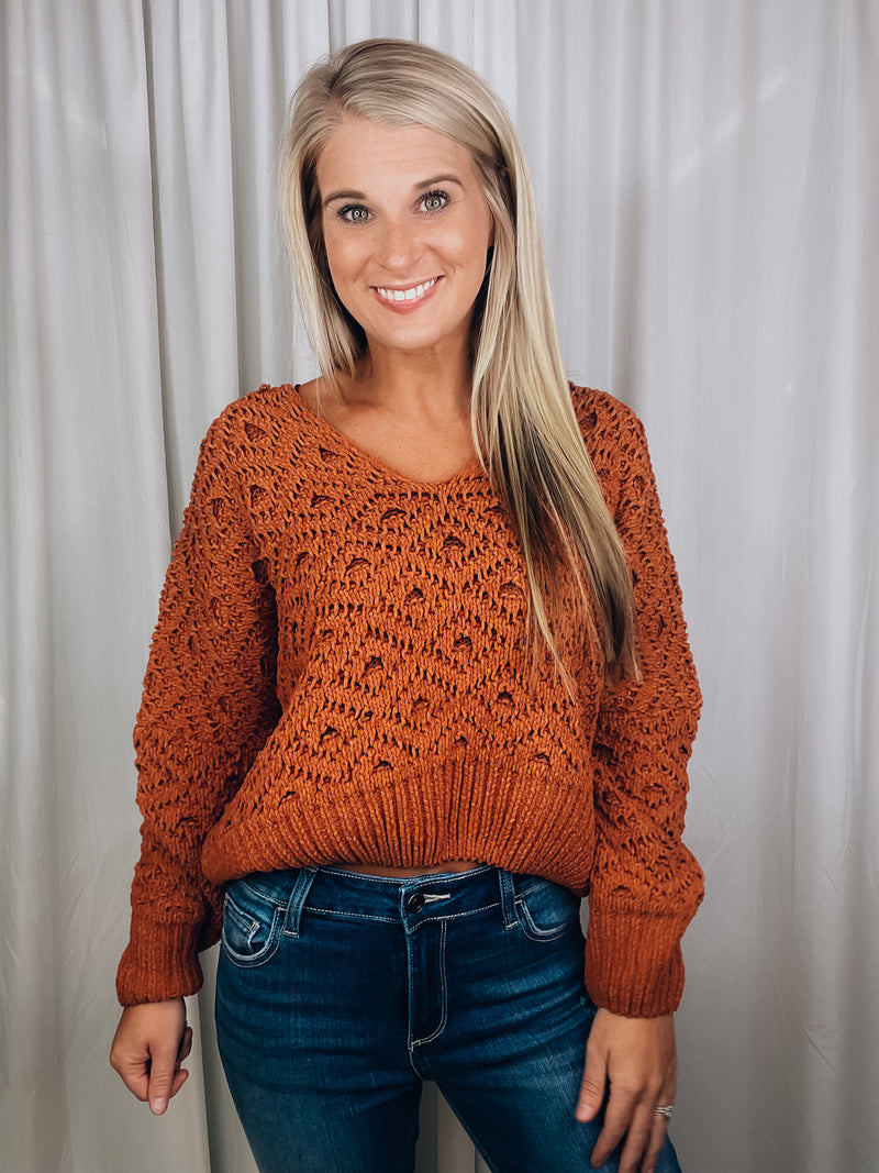 Sweater features a solid base color, long sleeves, V-neck line and runs true to size!-rust