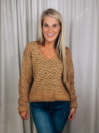 Sweater features a solid base color, long sleeves, V-neck line and runs true to size!-mustard