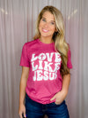 This premium Love Like Jesus Tee is a modern and stylish way to express faith and hope this Easter. Made for a soft and comfortable fit, it features short sleeves, a unisex fit, and a round neck line. With an inspiring "Love Like Jesus" graphic design, it perfectly captures the spirit of the season.-magenta
