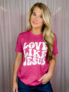 This premium Love Like Jesus Tee is a modern and stylish way to express faith and hope this Easter. Made for a soft and comfortable fit, it features short sleeves, a unisex fit, and a round neck line. With an inspiring "Love Like Jesus" graphic design, it perfectly captures the spirit of the season.-magenta