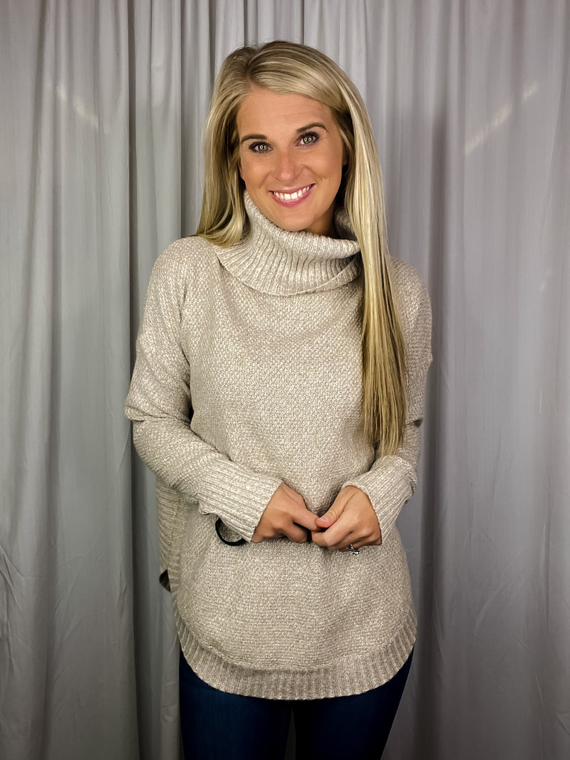 Sweater features a soft waffle knit material, long sleeves, cowl neck line and runs true to size!-hunter green