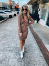 Dress features a solid base color, soft knit material, long sleeves, V-neck line, tie waist band, knee length and runs true to size with a true fitted shape!-mocha