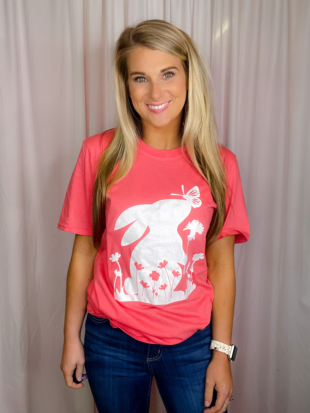 This Bunny Rabbit Tee features a trendy and adorable bunny rabbit design with warm spring vibes, perfect for Easter. It's made from lightweight material, with classic short sleeves and a round neckline, and a unisex fit for everyone from S-3XL.-coral